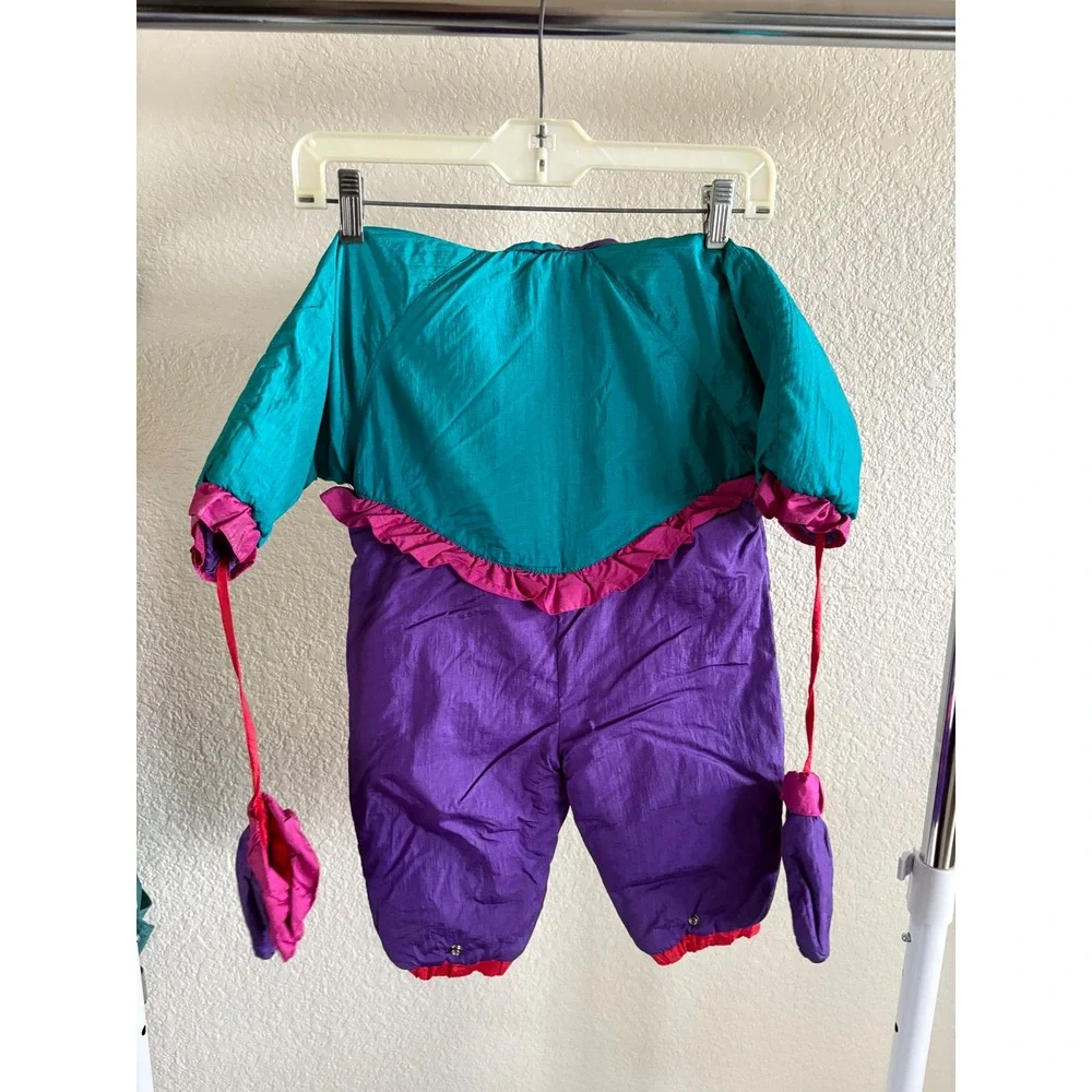 Vintage‎ Kids Purple Teal Heart Ruffle Hooded Snowsuit Bunting with Mittens 80s